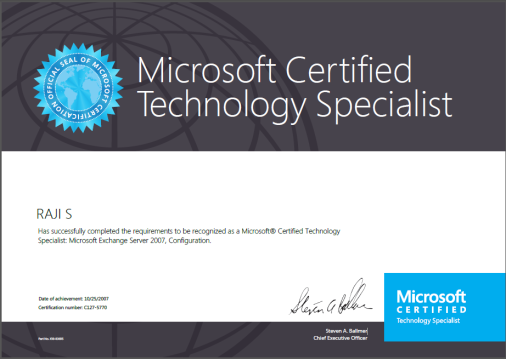 Microsoft Certified Technology Specialist - Microsoft Exchange Server 2007